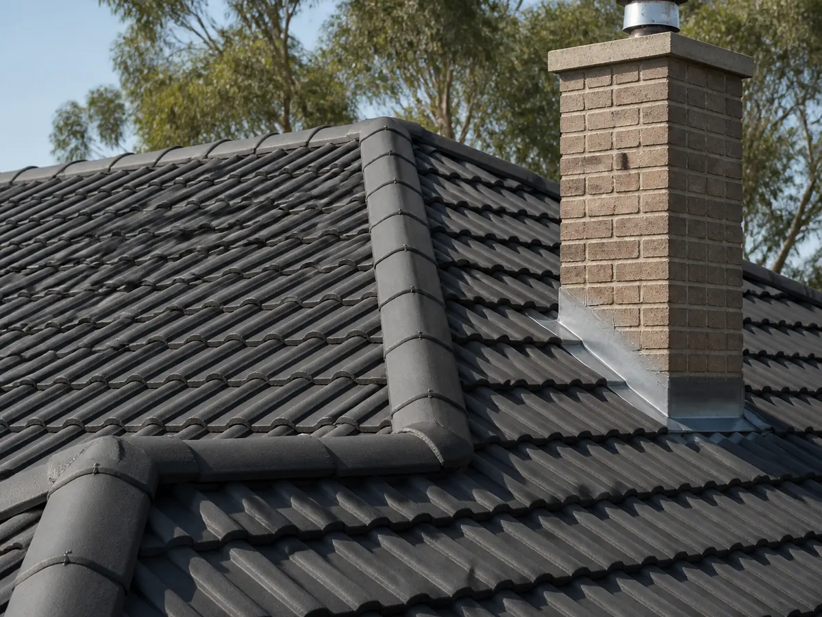 Completed ridge capping and chimney flashing repairs on a tiled roof