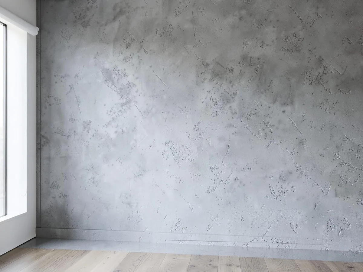 Grey concrete effect plaster wall finish beside a window in raking daylight