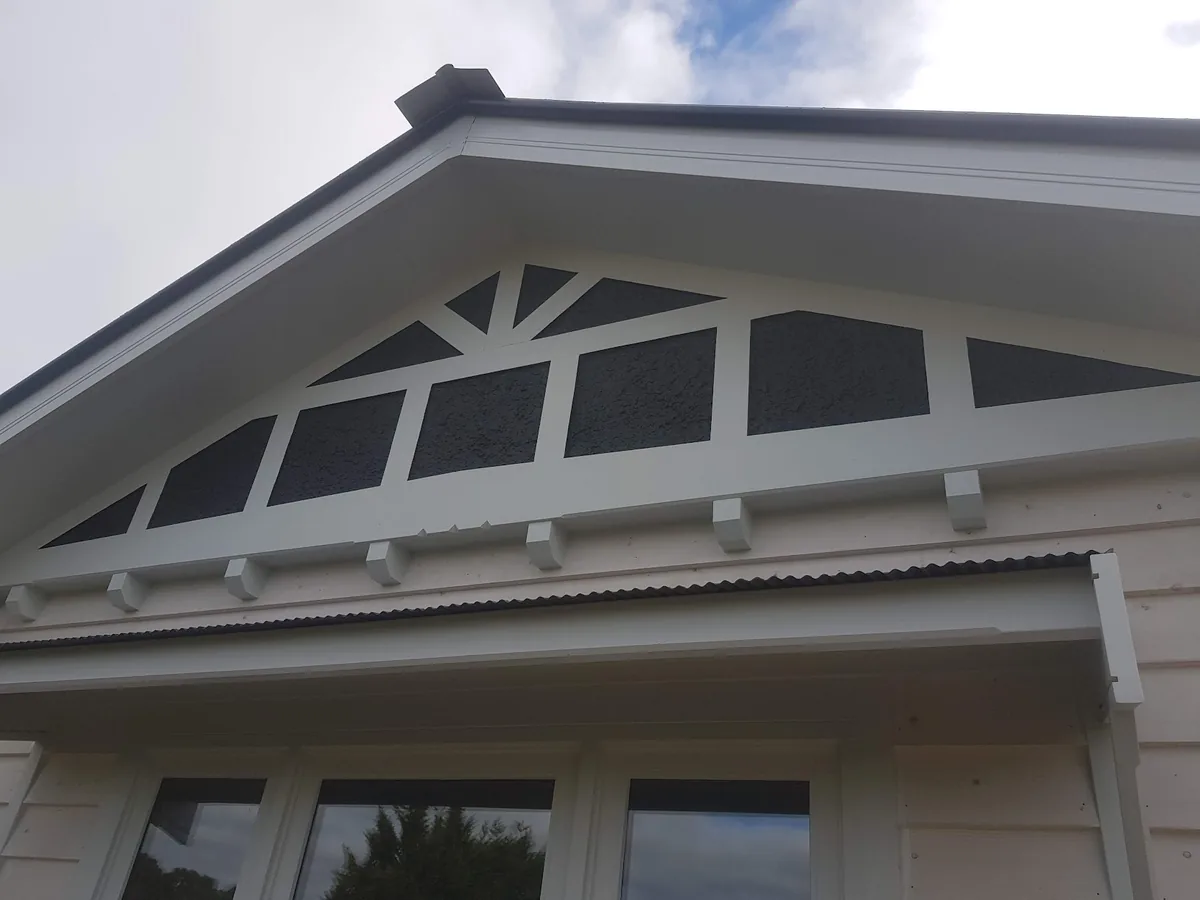 Decorative timber gable end with ornate carpentry and trim on a restored Central Victoria home